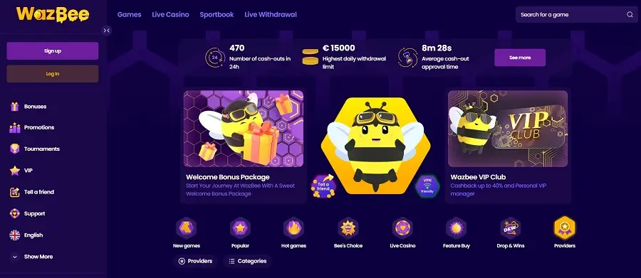 WazBee Online Casino domovská stránka